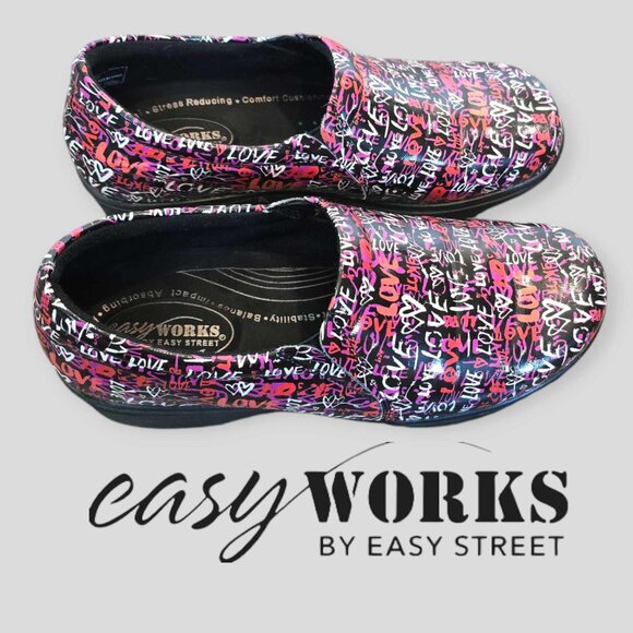 Easy Works Tiffany Pink Love GRafitti Slip On Clogs Women's Size 8.5 WW - Picture 1 of 16